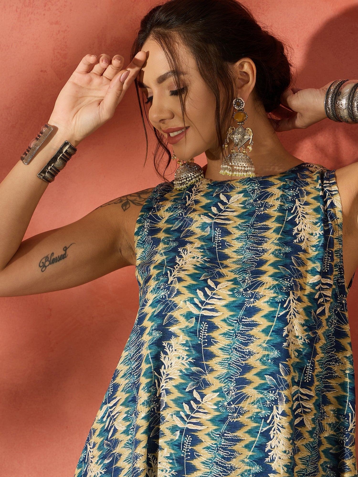InWeave Teal Leaf Zig Zag Foil W/S Kurta Pant Set - Distacart