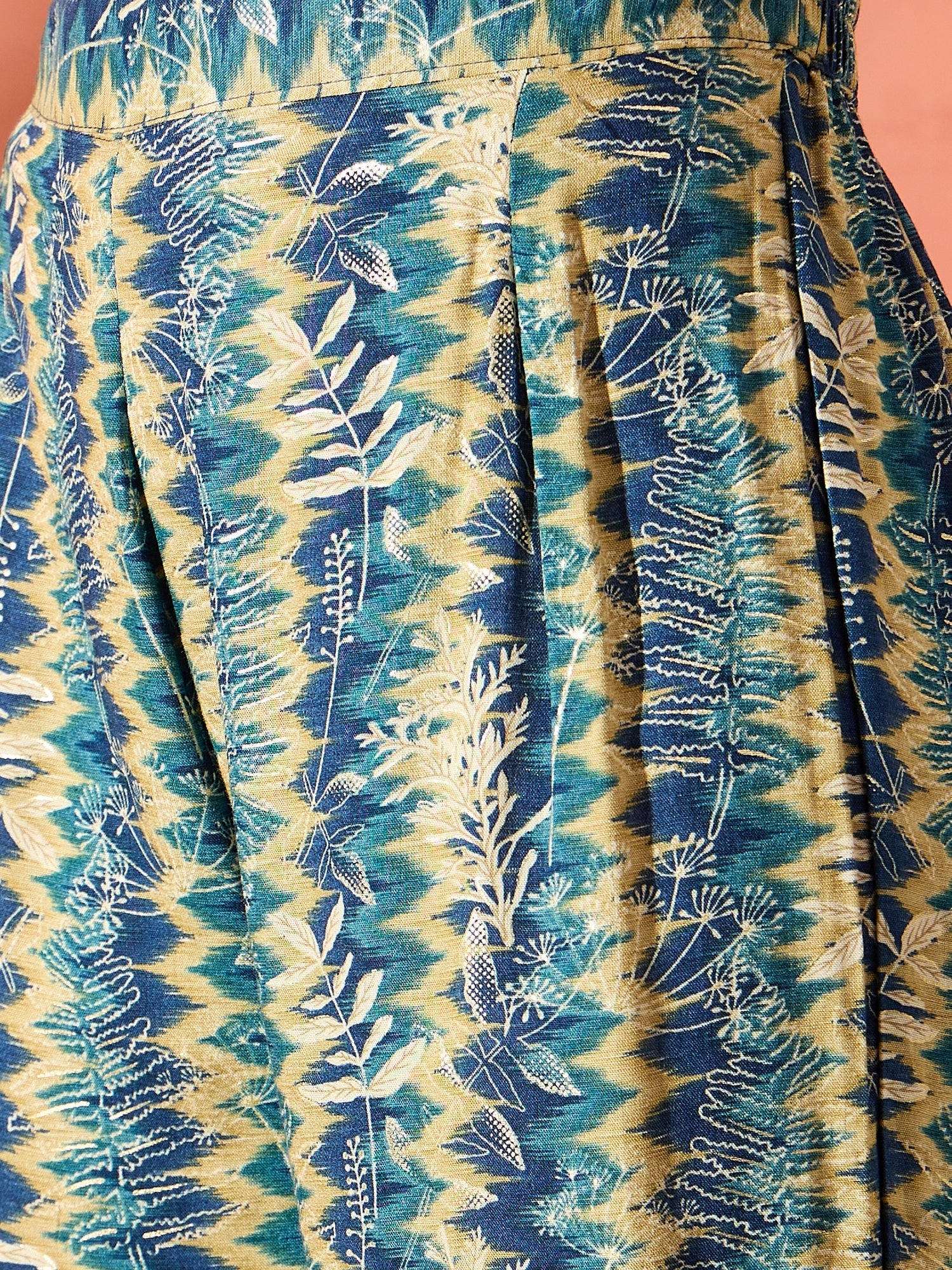 InWeave Teal Leaf Zig Zag Foil W/S Kurta Pant Set - Distacart