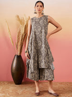 Thumbnail for InWeave Dull Brown Paisley Round Neck Kurta Short Palazzo Set - Distacart