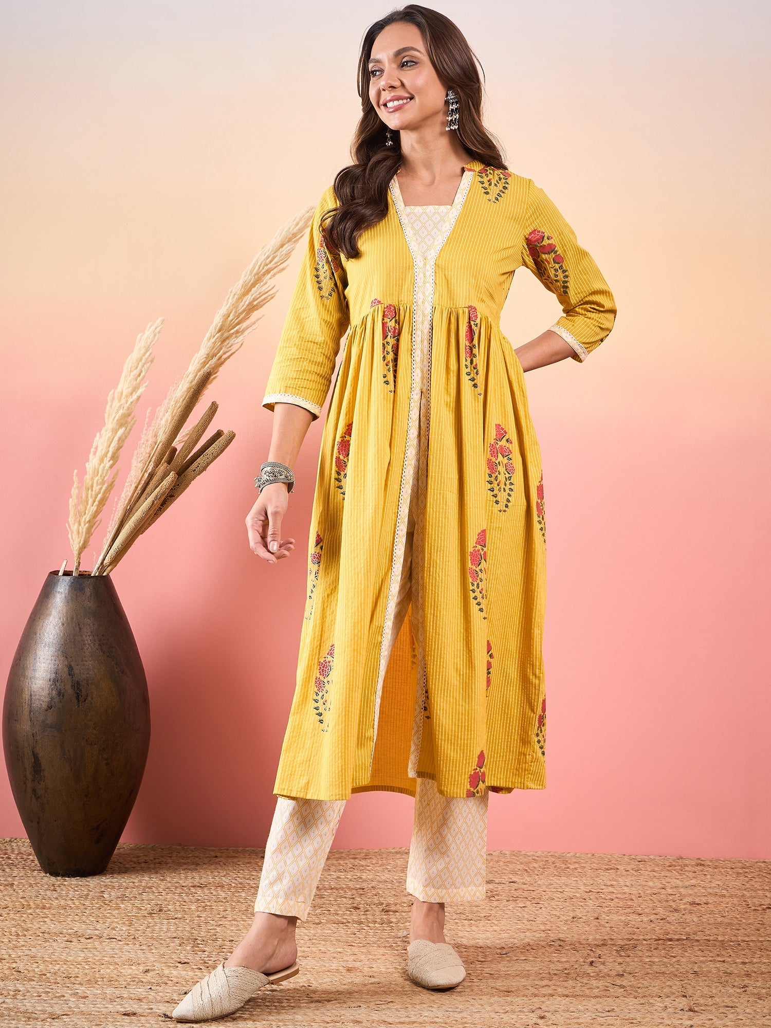 InWeave Yellow Striped V Neck Lace Front Slit Kurta Pant Set - Distacart