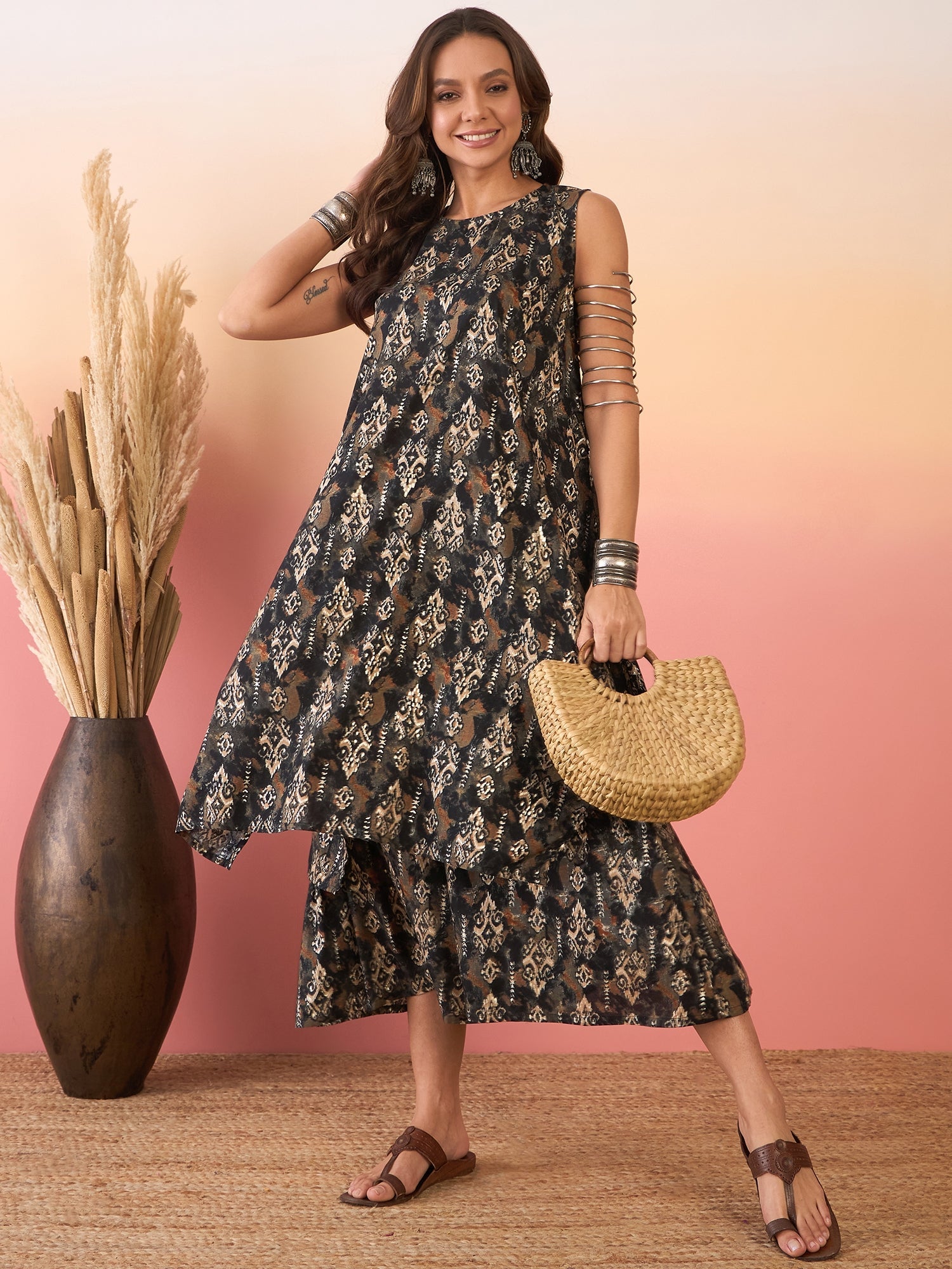 InWeave Black Ikkat Print Foil Round Neck Palazzo Set - Distacart