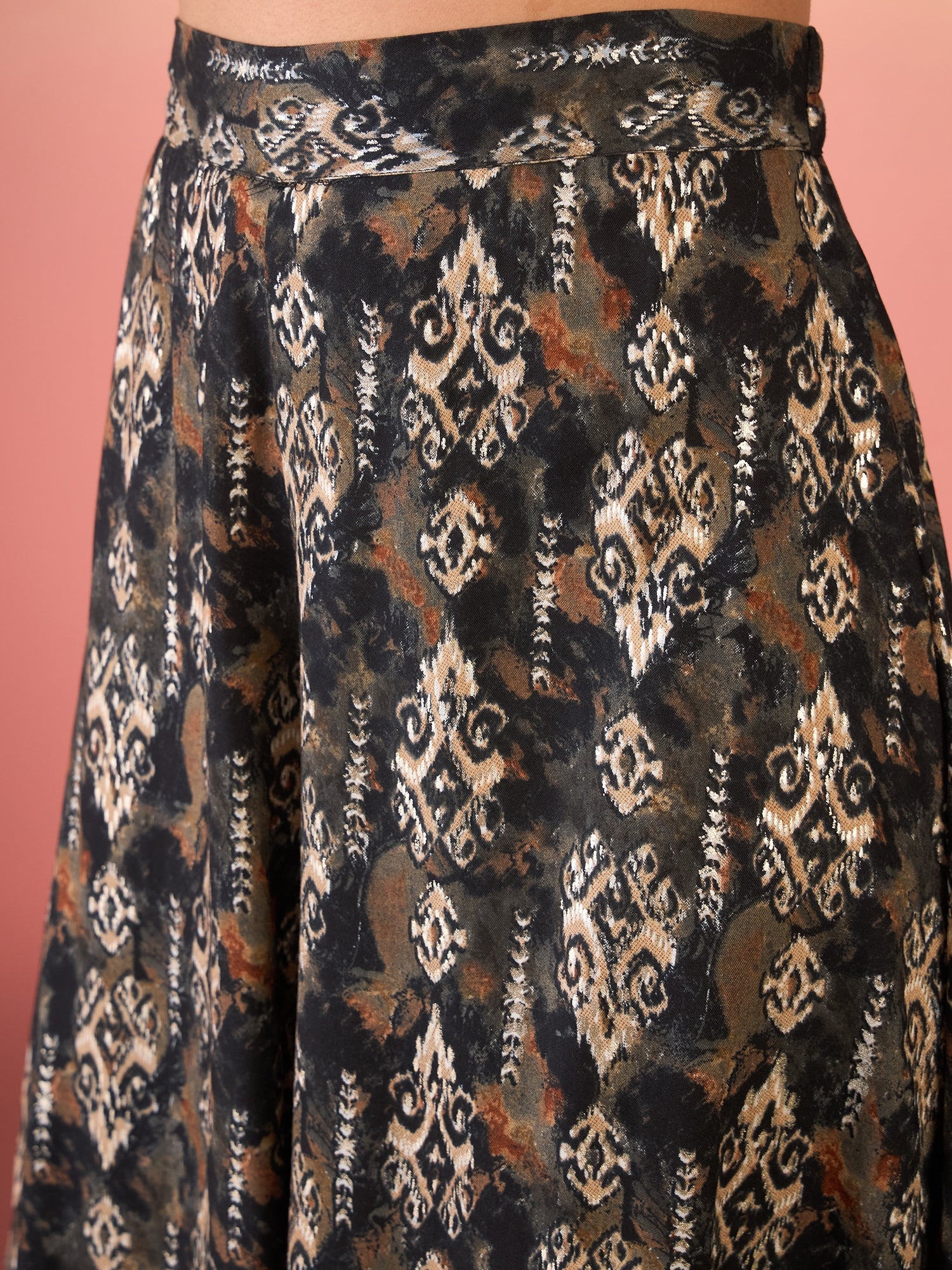 InWeave Black Ikkat Print Foil Round Neck Palazzo Set - Distacart