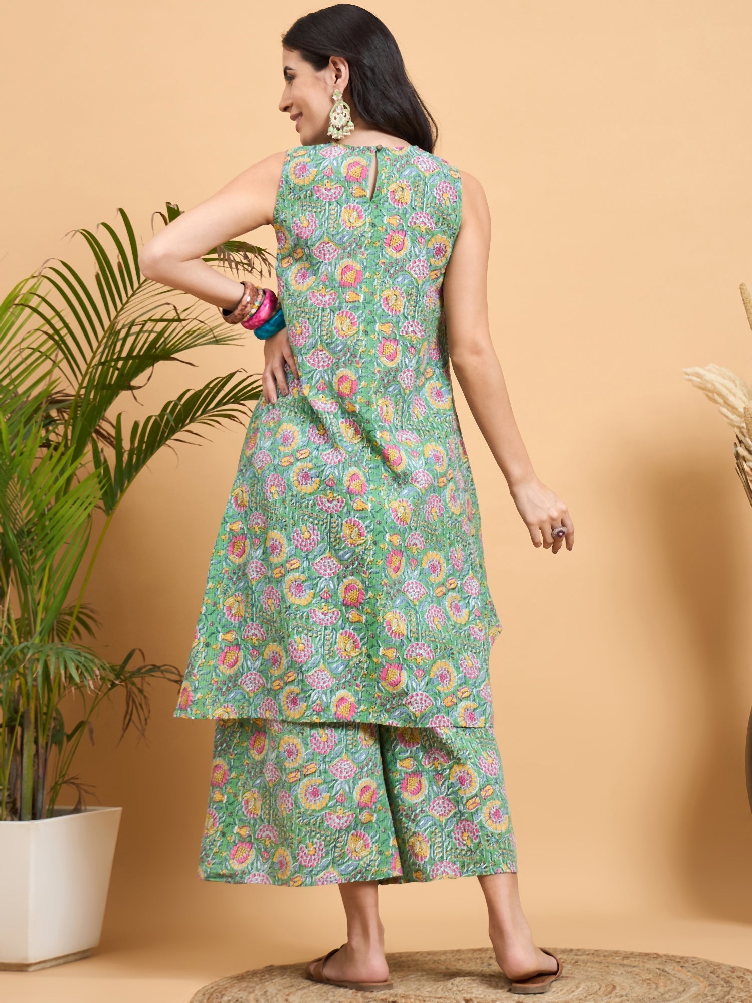 InWeave Mint Green Kantha Floral Jaal Short Palazzo Set - Distacart