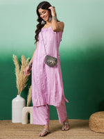 Thumbnail for InWeave Lavender Lurex Thick Strappy Straight Kurta Pant Set - Distacart