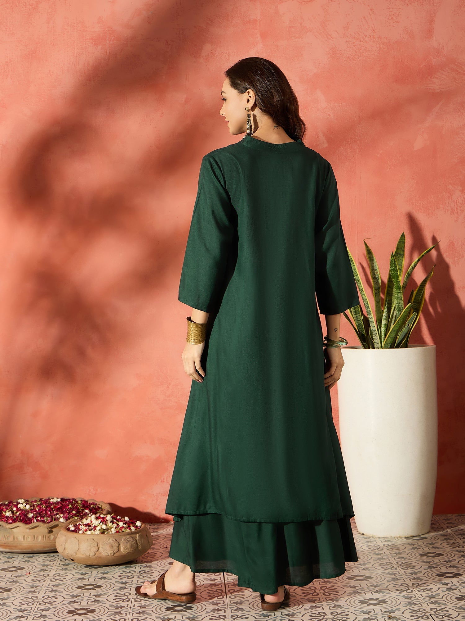 InWeave Dark Green Mandarin Neck High Low Kurta Set - Distacart