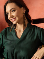 Thumbnail for InWeave Dark Green Mandarin Neck High Low Kurta Set - Distacart