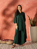 Thumbnail for InWeave Dark Green Mandarin Neck High Low Kurta Set - Distacart