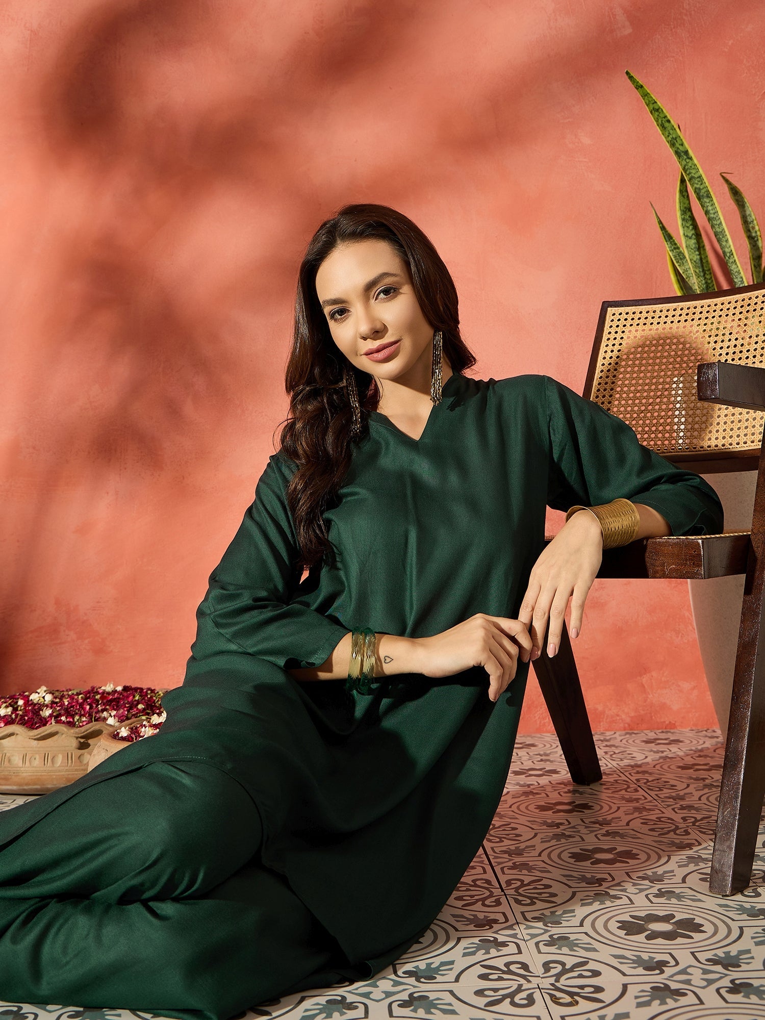 InWeave Dark Green Mandarin Neck High Low Kurta Set - Distacart
