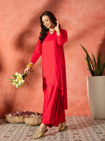 Thumbnail for InWeave Red Mandarin Neck High Low Kurta Set - Distacart