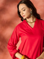 Thumbnail for InWeave Red Mandarin Neck High Low Kurta Set - Distacart