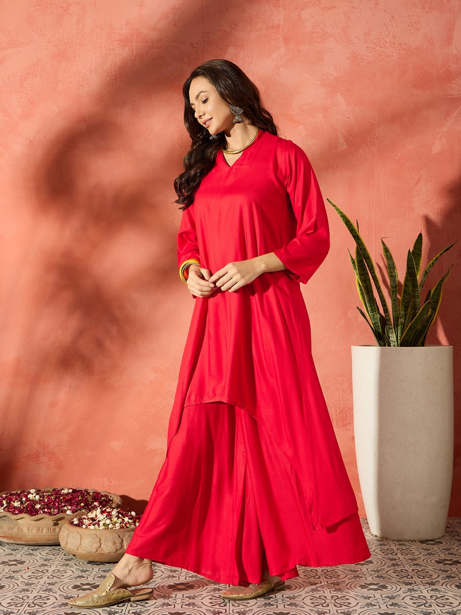 InWeave Red Mandarin Neck High Low Kurta Set - Distacart