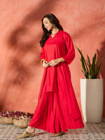 Thumbnail for InWeave Red Mandarin Neck High Low Kurta Set - Distacart
