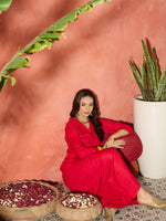Thumbnail for InWeave Red Mandarin Neck High Low Kurta Set - Distacart