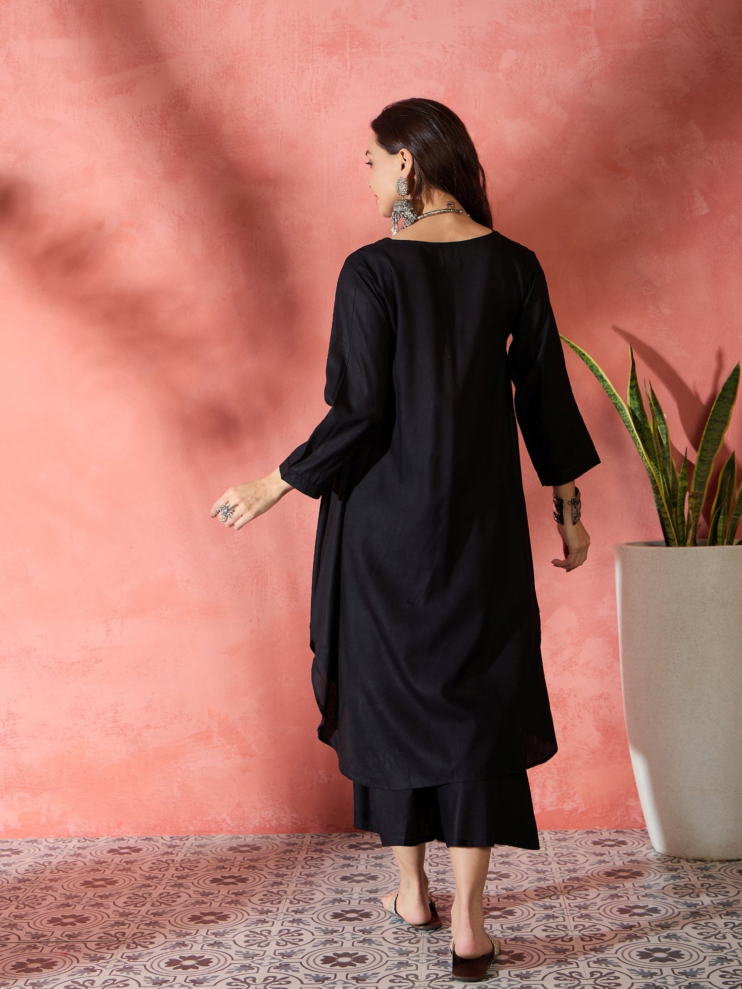 InWeave Black V-Neck Flared Kurta Short Palazzo Set - Distacart