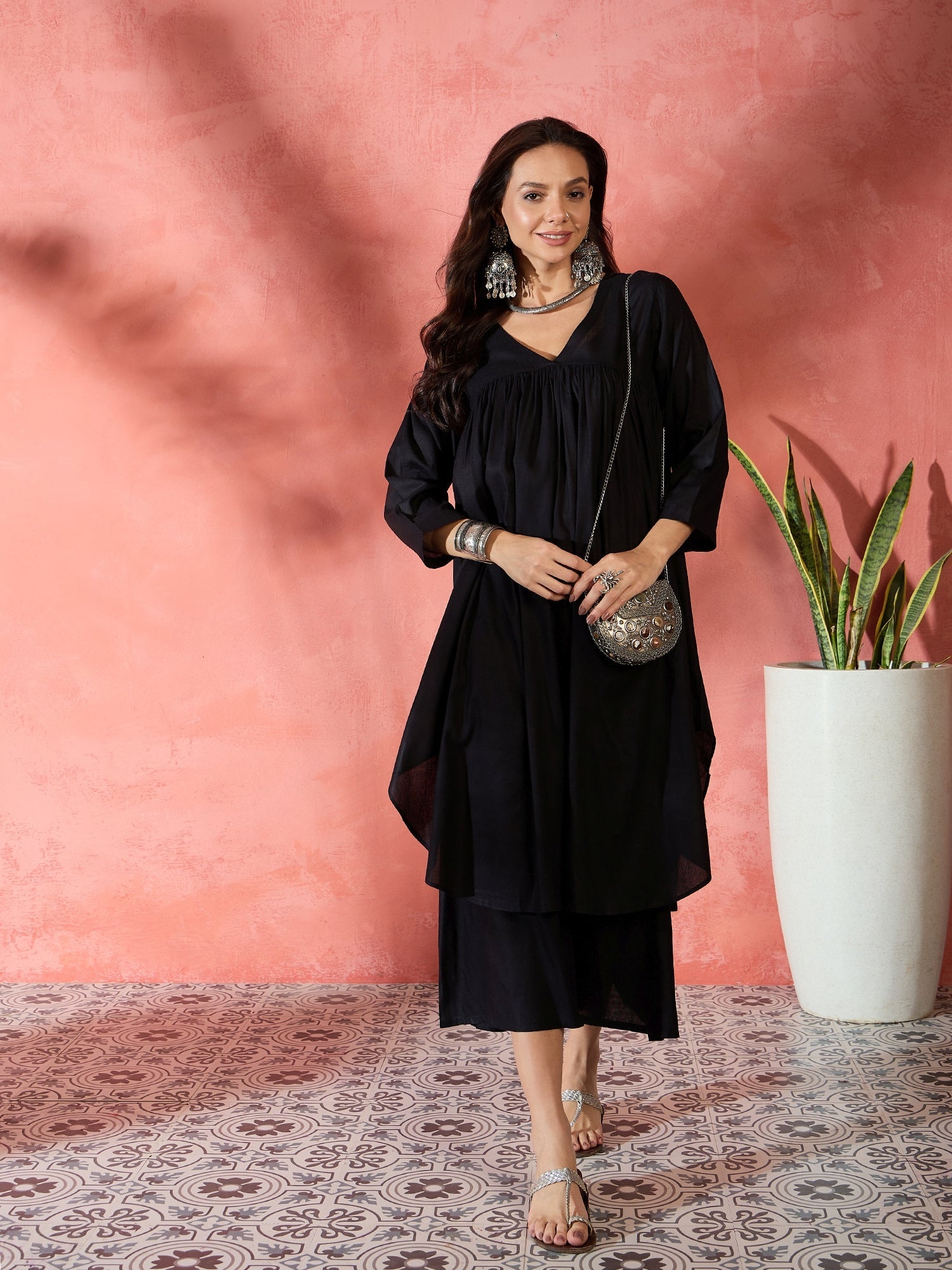 InWeave Black V-Neck Flared Kurta Short Palazzo Set - Distacart
