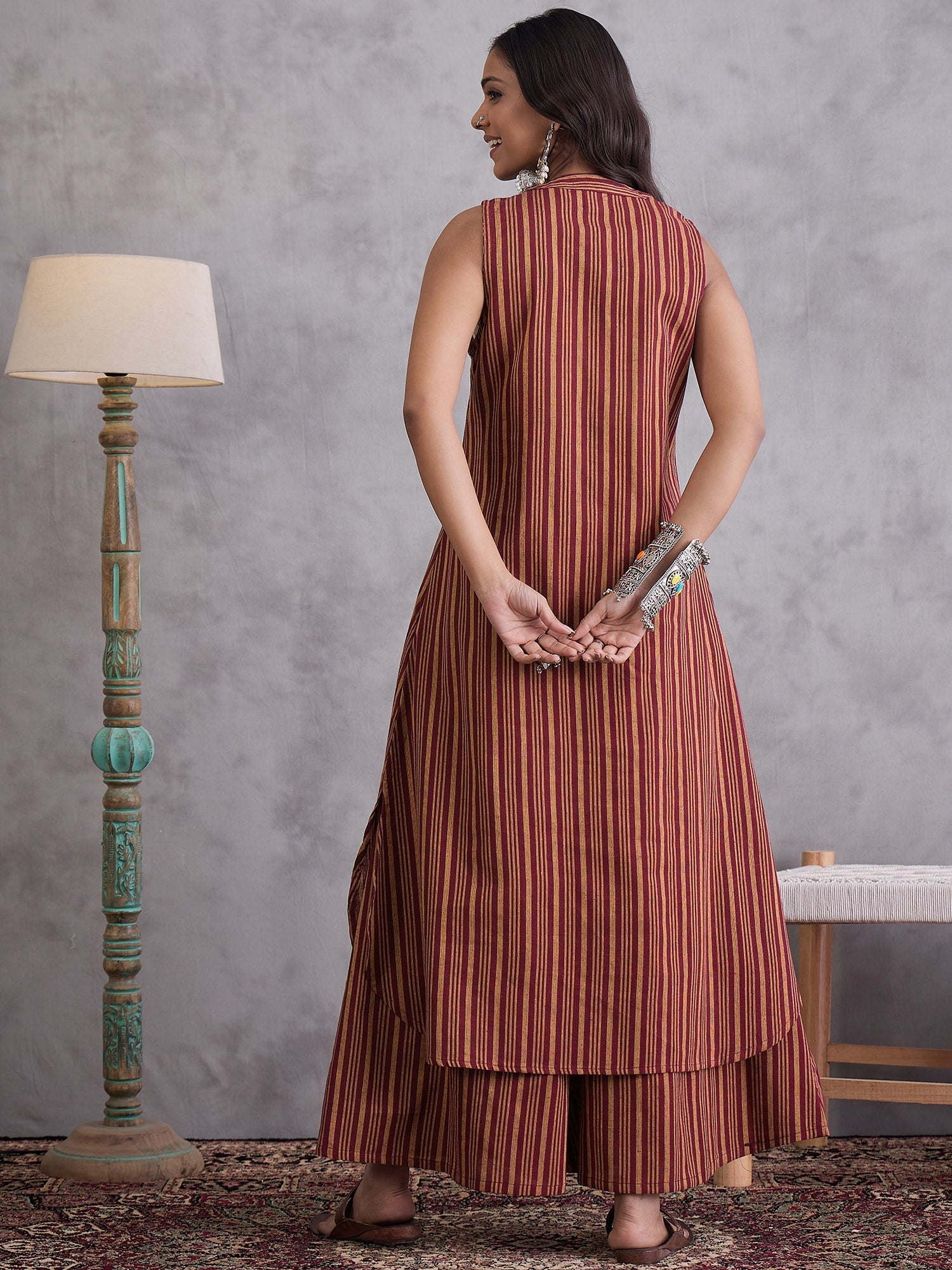 InWeave Maroon Orange Striped Kurta Set - Distacart