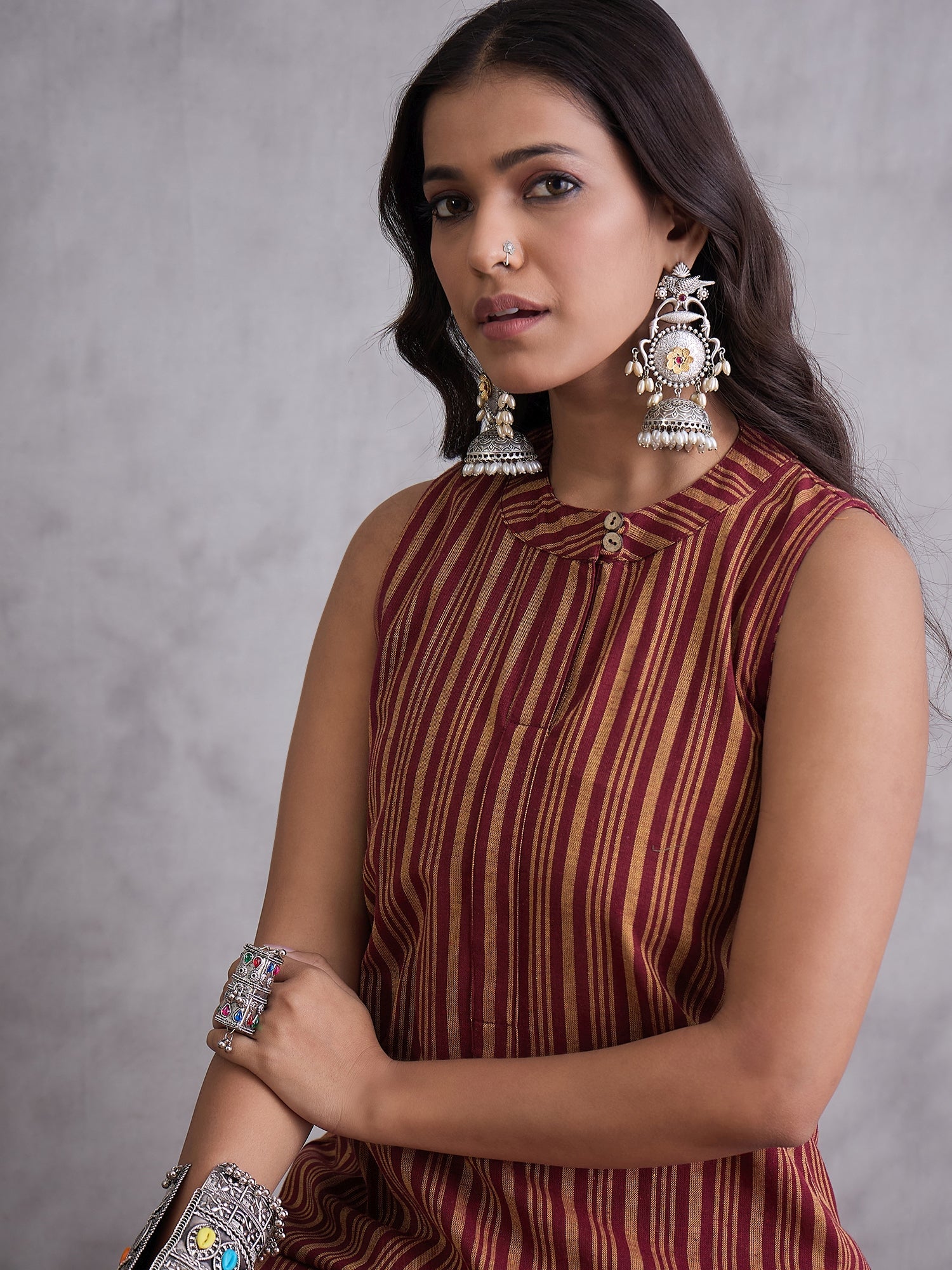 InWeave Maroon Orange Striped Kurta Set - Distacart