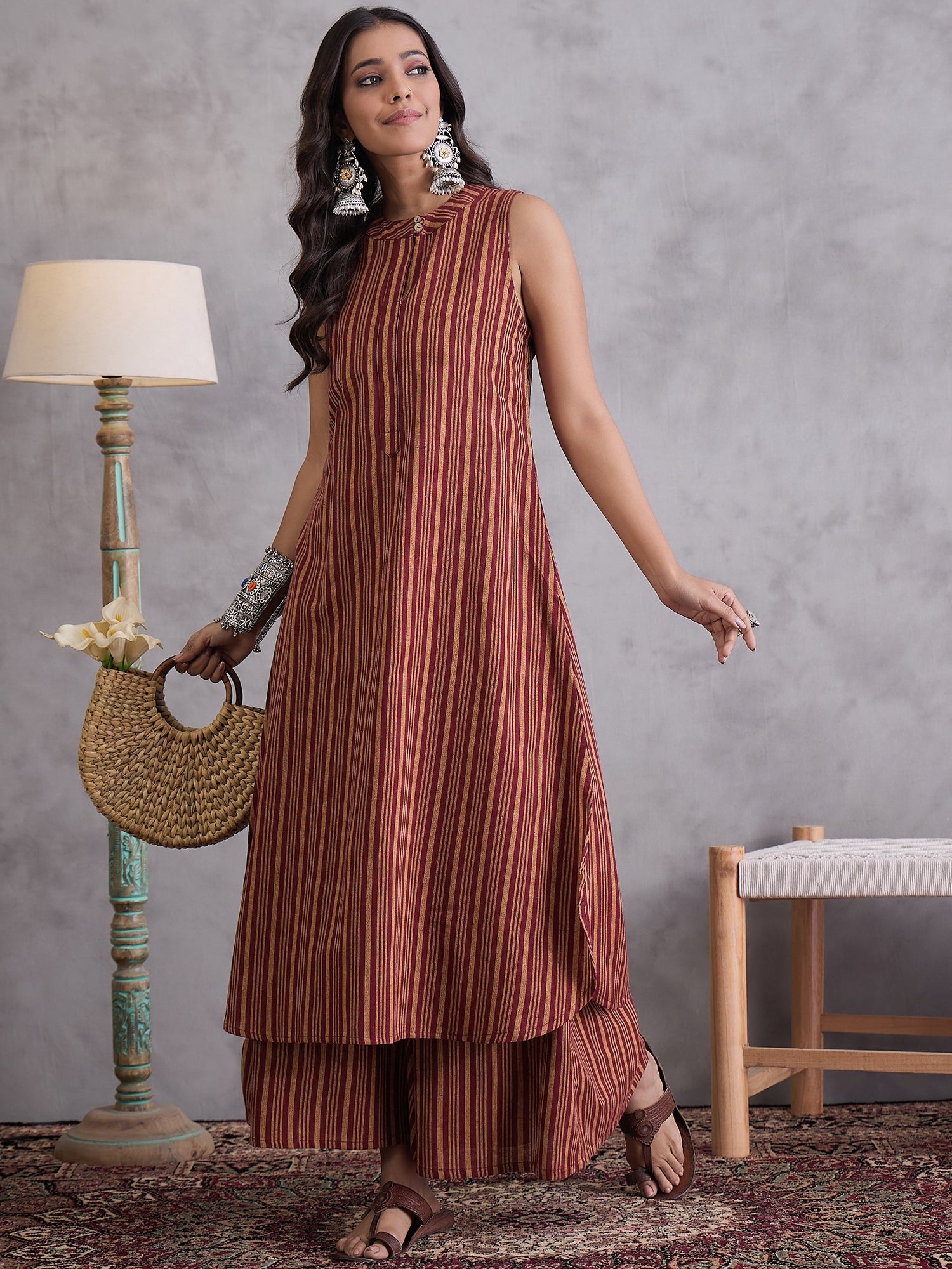 InWeave Maroon Orange Striped Kurta Set - Distacart