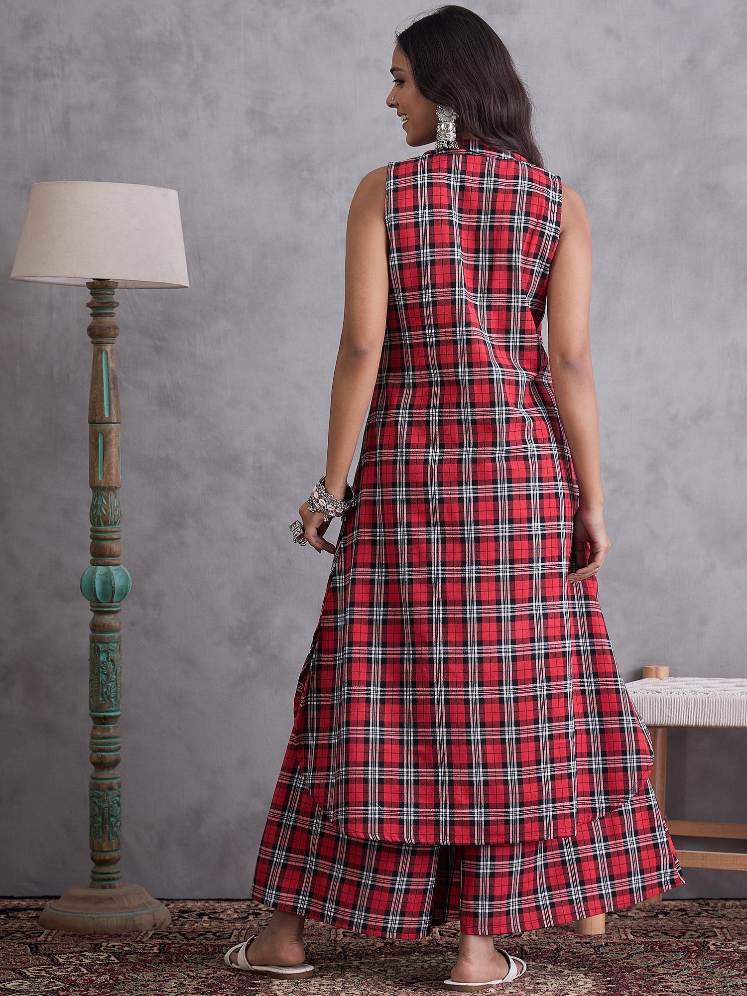 InWeave Red Black Check Kurta Set - Distacart