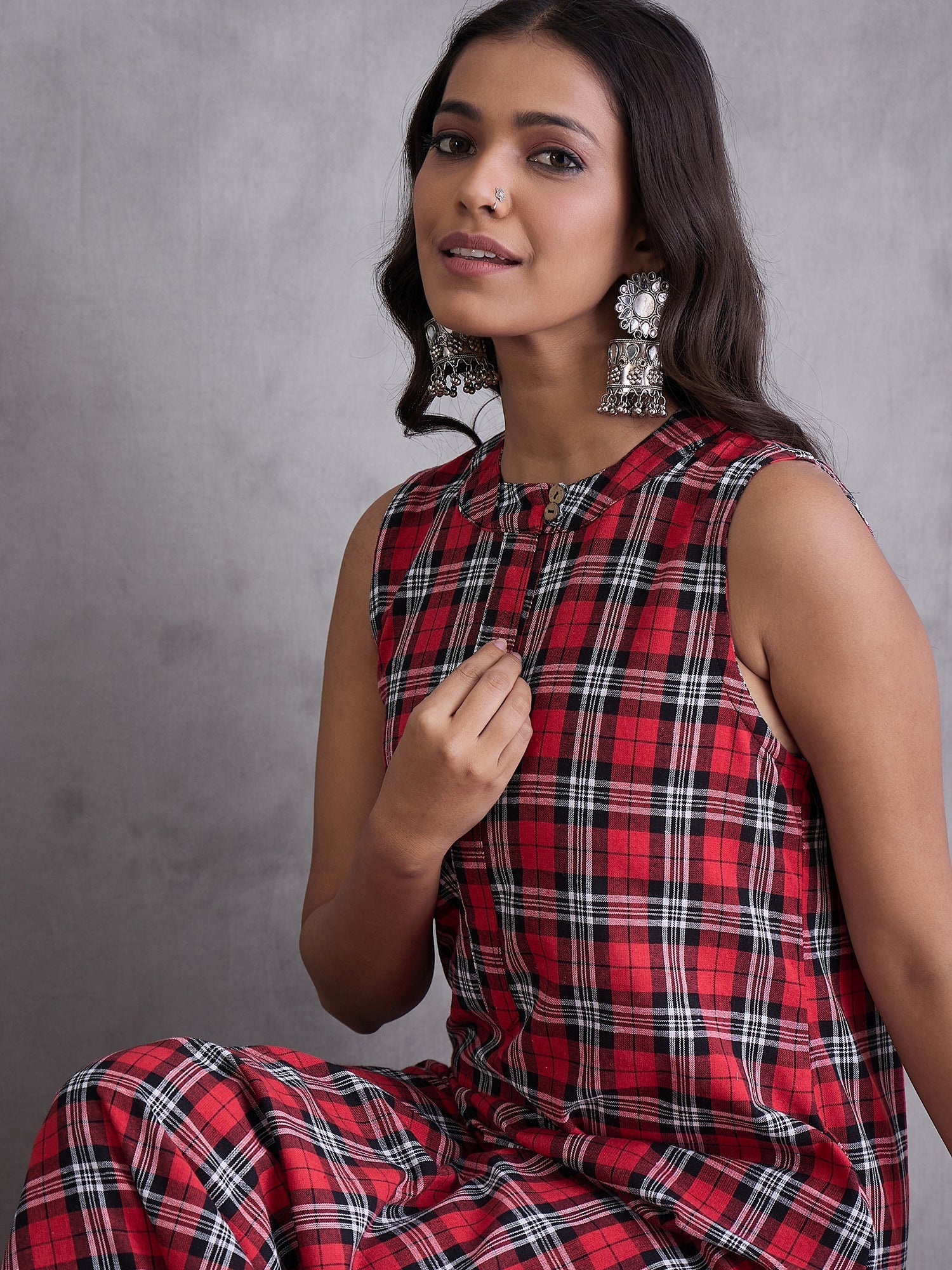 InWeave Red Black Check Kurta Set - Distacart