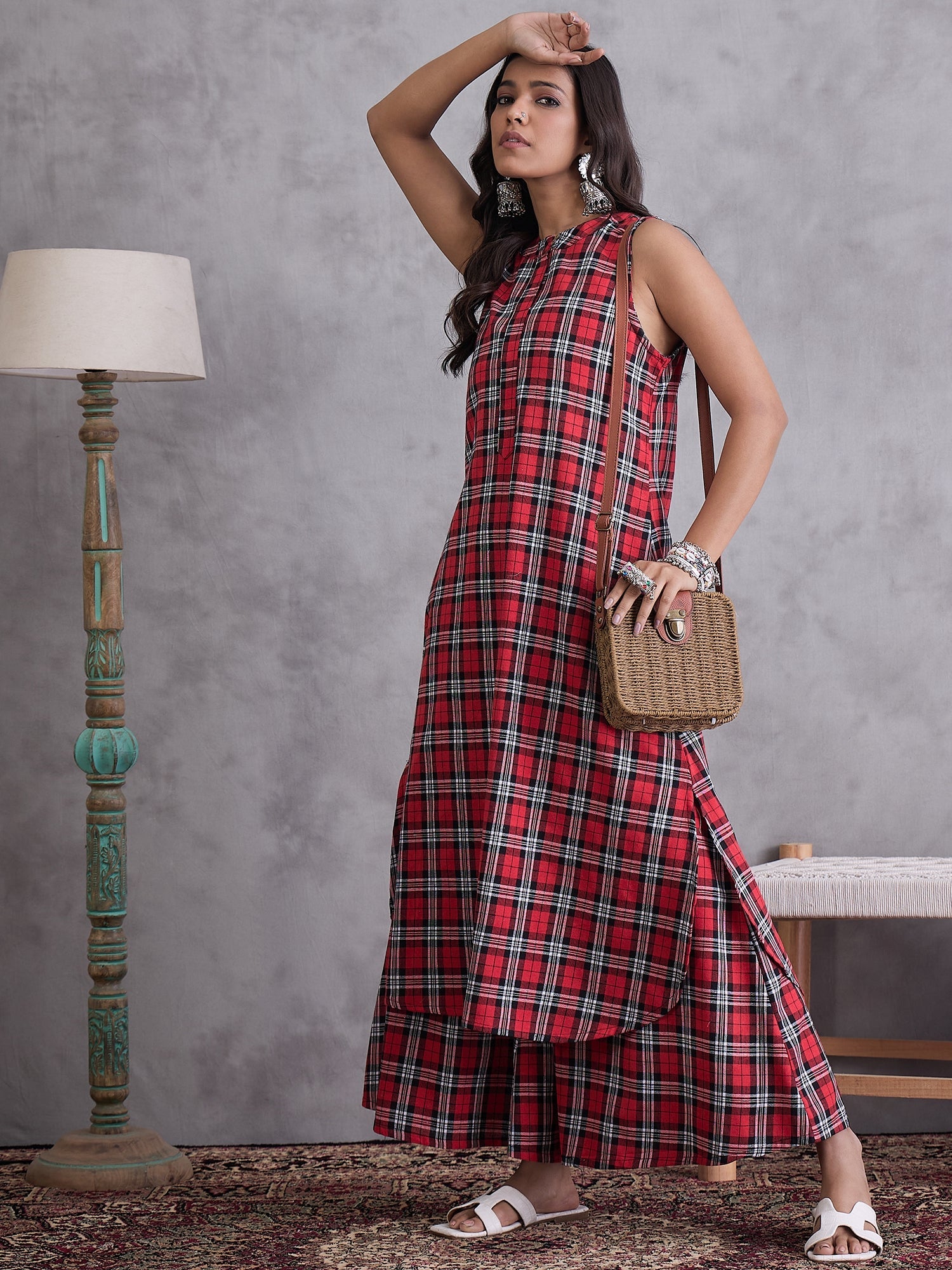 InWeave Red Black Check Kurta Set - Distacart