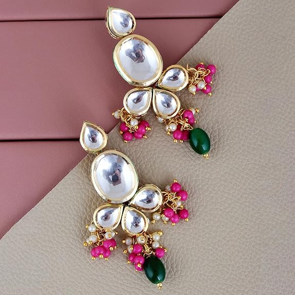 Tehzeeb Creations Back Meenakari Gold-Polished Multi Color Tika Earring Combo Uncut Big Faux Kundan Choker Necklace set - Distacart