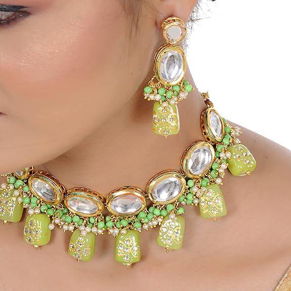 Tehzeeb Creations Back Meenakari Gold-Polished Green Color Tika Earring Jewellery Set Uncut Kundan Big Faux Kundan Dibbi Kundan Choker Necklace Set - Distacart