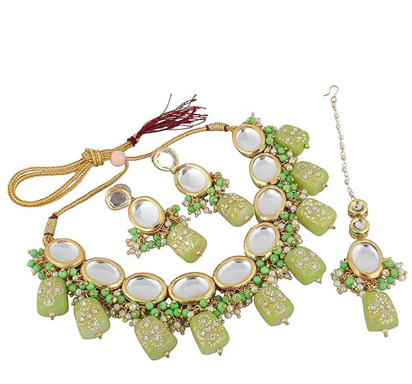 Tehzeeb Creations Back Meenakari Gold-Polished Green Color Tika Earring Jewellery Set Uncut Kundan Big Faux Kundan Dibbi Kundan Choker Necklace Set - Distacart