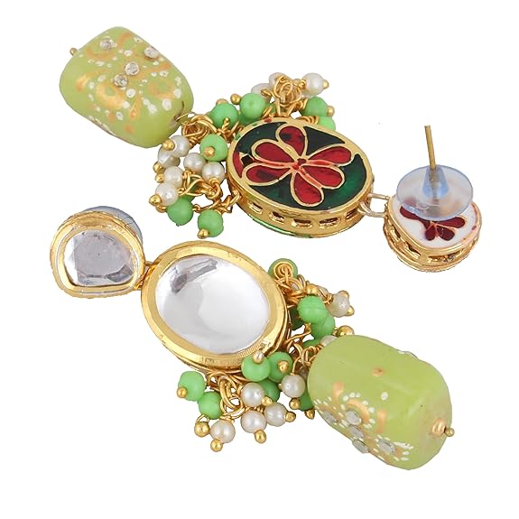 Tehzeeb Creations Back Meenakari Gold-Polished Green Color Tika Earring Jewellery Set Uncut Kundan Big Faux Kundan Dibbi Kundan Choker Necklace Set - Distacart