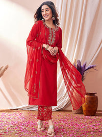 Thumbnail for Kalini Floral Embroidered Regular Foil Printed Sequined Kurta With Trousers & Dupatta - Distacart