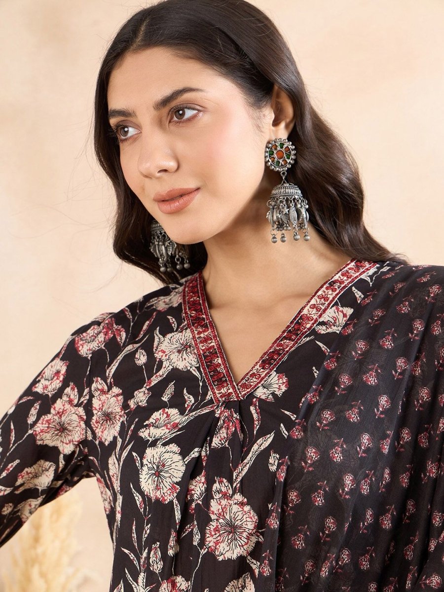 Anouk Black Floral Printed Thread Work Pure Cotton A-Line Kurta with Trousers & Dupatta
