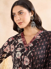 Thumbnail for Anouk Black Floral Printed Thread Work Pure Cotton A-Line Kurta with Trousers & Dupatta