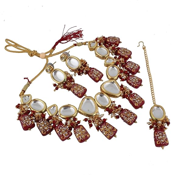 Tehzeeb Creations Back Meenakari Gold-Polished Maroon Color Tika Earring Jewellery Set Uncut Kundan Big Faux Kundan Dibbi Kundan Choker Necklace Set - Distacart