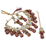 Thumbnail for Tehzeeb Creations Back Meenakari Gold-Polished Maroon Color Tika Earring Jewellery Set Uncut Kundan Big Faux Kundan Dibbi Kundan Choker Necklace Set - Distacart