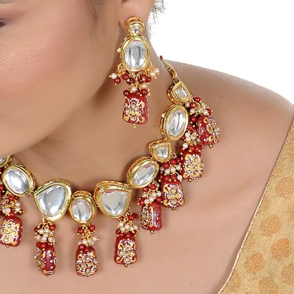 Tehzeeb Creations Back Meenakari Gold-Polished Maroon Color Tika Earring Jewellery Set Uncut Kundan Big Faux Kundan Dibbi Kundan Choker Necklace Set - Distacart