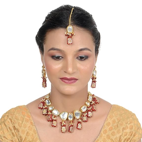 Tehzeeb Creations Back Meenakari Gold-Polished Maroon Color Tika Earring Jewellery Set Uncut Kundan Big Faux Kundan Dibbi Kundan Choker Necklace Set - Distacart