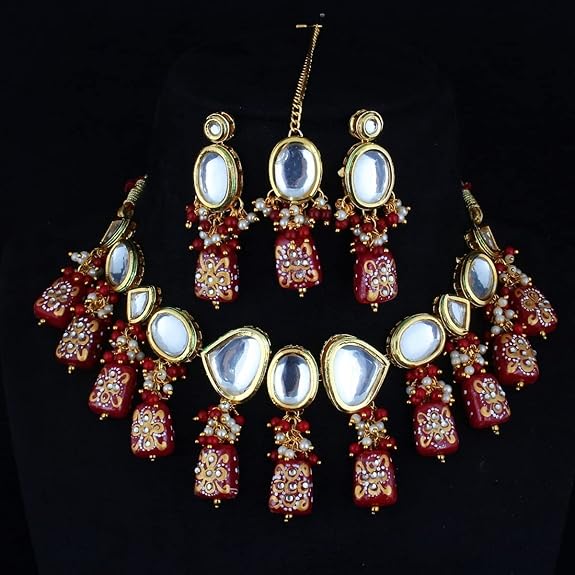 Tehzeeb Creations Back Meenakari Gold-Polished Maroon Color Tika Earring Jewellery Set Uncut Kundan Big Faux Kundan Dibbi Kundan Choker Necklace Set - Distacart