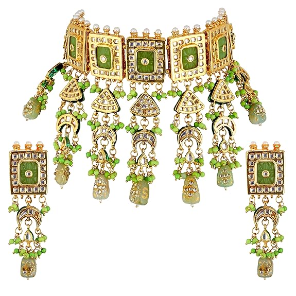 Tehzeeb Creations Meenakari Gold-Polished Green Color Rectangular Shape Uncut Kundan Combo Necklace Set - Distacart