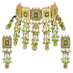 Thumbnail for Tehzeeb Creations Meenakari Gold-Polished Green Color Rectangular Shape Uncut Kundan Combo Necklace Set - Distacart