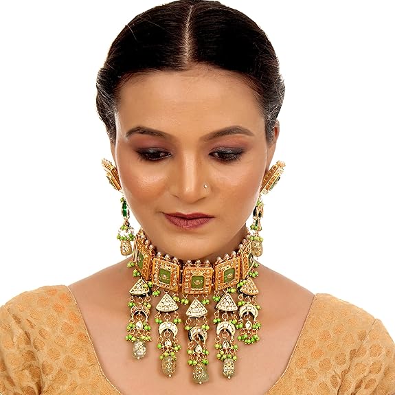 Tehzeeb Creations Meenakari Gold-Polished Green Color Rectangular Shape Uncut Kundan Combo Necklace Set - Distacart