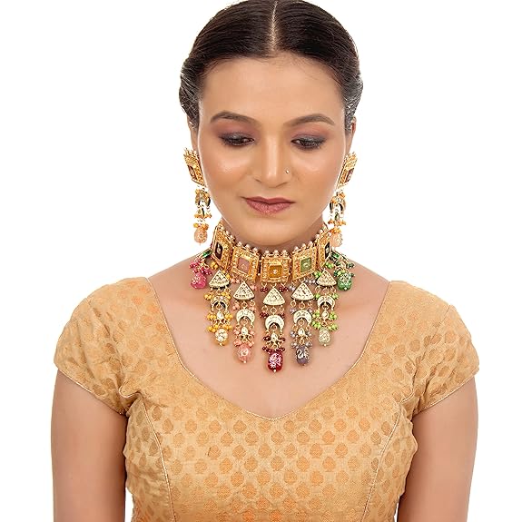 Tehzeeb Creations Meenakari Gold-Polished Multi Color Rectangular Shape Uncut Kundan Combo Necklace Set - Distacart
