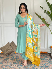 Thumbnail for Lyush Women Party Wear Embroidery Worked Kurta With Pant And Dupatta Set - Firozi