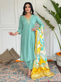 Thumbnail for Lyush Women Party Wear Embroidery Worked Kurta With Pant And Dupatta Set - Firozi