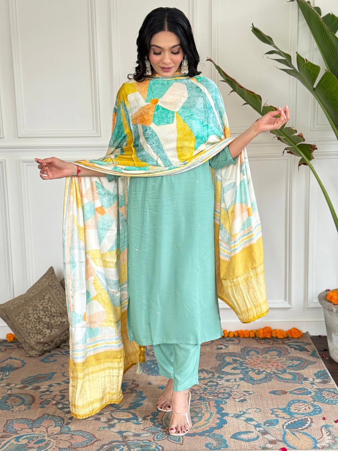Lyush Women Party Wear Embroidery Worked Kurta With Pant And Dupatta Set - Firozi