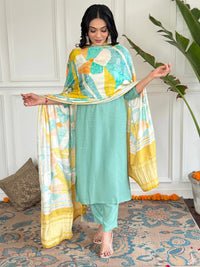 Thumbnail for Lyush Women Party Wear Embroidery Worked Kurta With Pant And Dupatta Set - Firozi