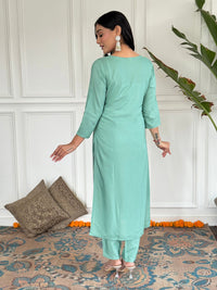 Thumbnail for Lyush Women Party Wear Embroidery Worked Kurta With Pant And Dupatta Set - Firozi