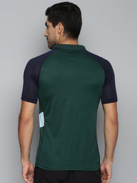 Thumbnail for Alcis Men Green & Navy Blue Colourblocked Polo Collar Slim Fit Running T-shirt - Distacart