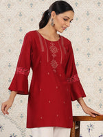 Thumbnail for Ode by House of Pataudi Red Ethnic Motifs Embroidered Bell Sleeves Kurta - Distacart