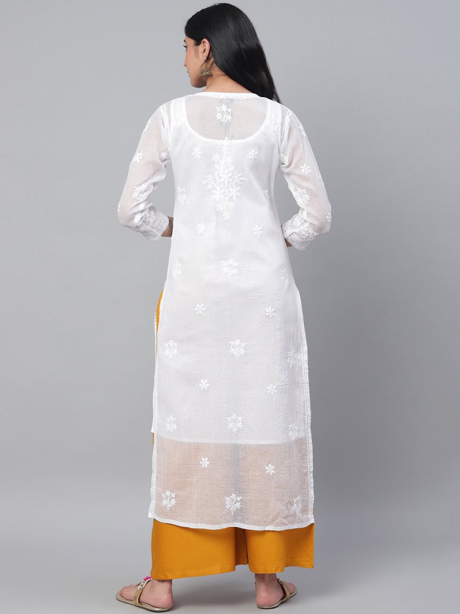 ADA Women White Chikankari Hand Embroidered Semi-Sheer Straight Kota Handloom Kurta - Distacart