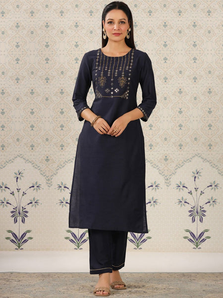 Ode by House of Pataudi Geometric Yoke Design Regular Thread Work Kurta With Trousers - Distacart